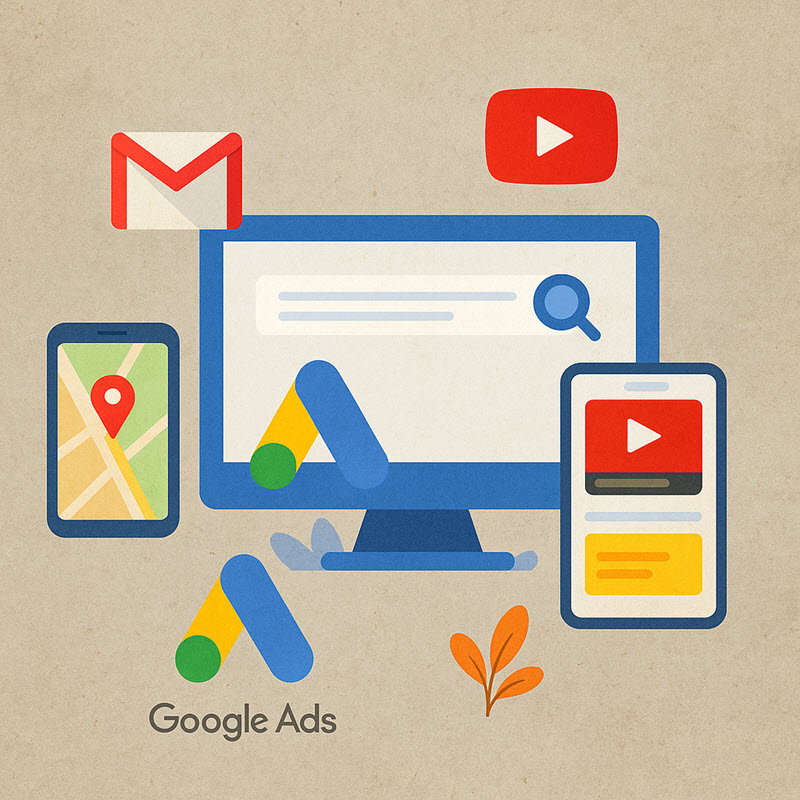 Quảng cáo Google tìm kiếm Google, YouTube, Gmail, các website đối tác, hoặc Google Maps